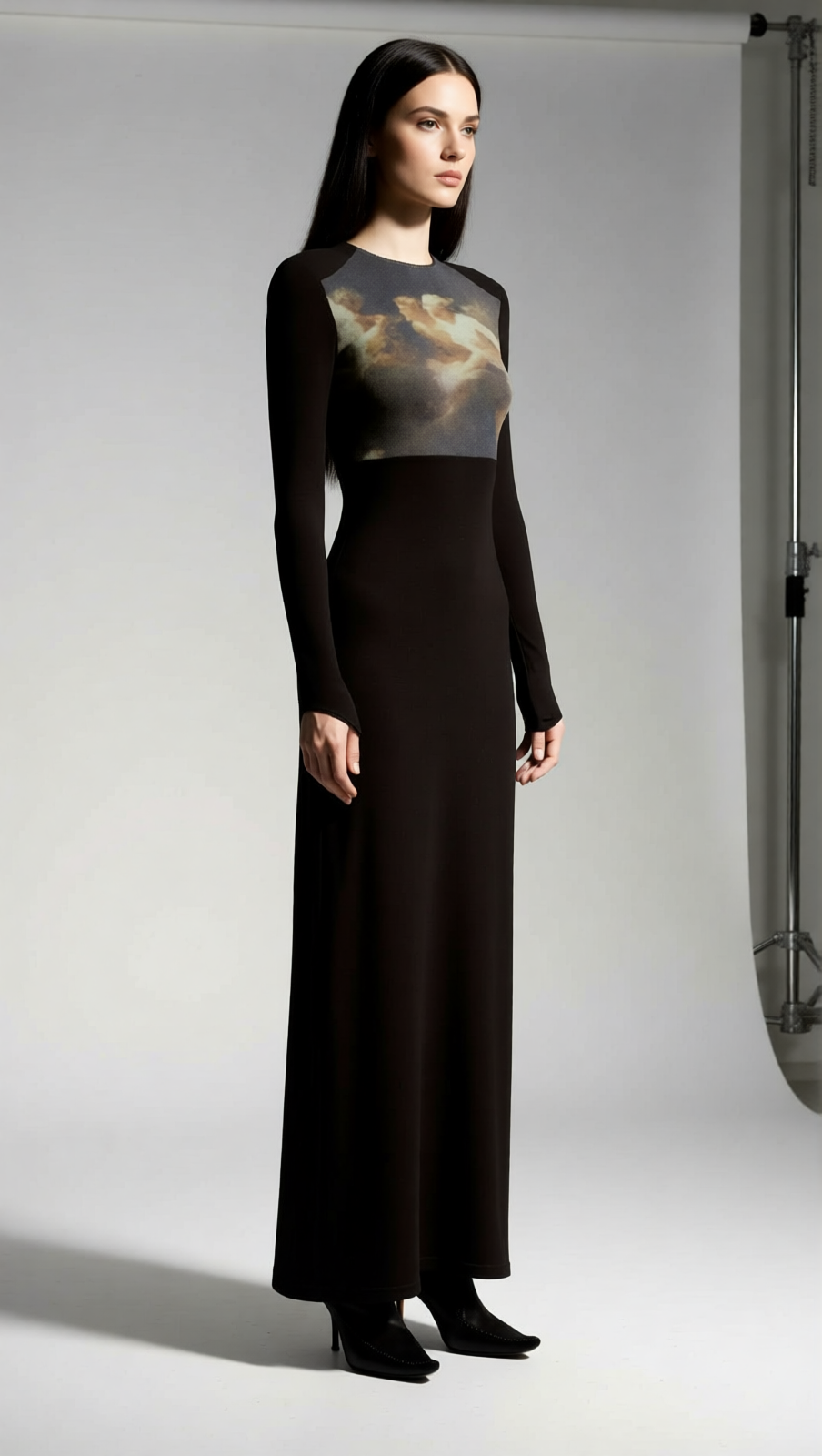 Juanita Ethereal Black Long Sleeve Maxi Dress - Art Print Bodice