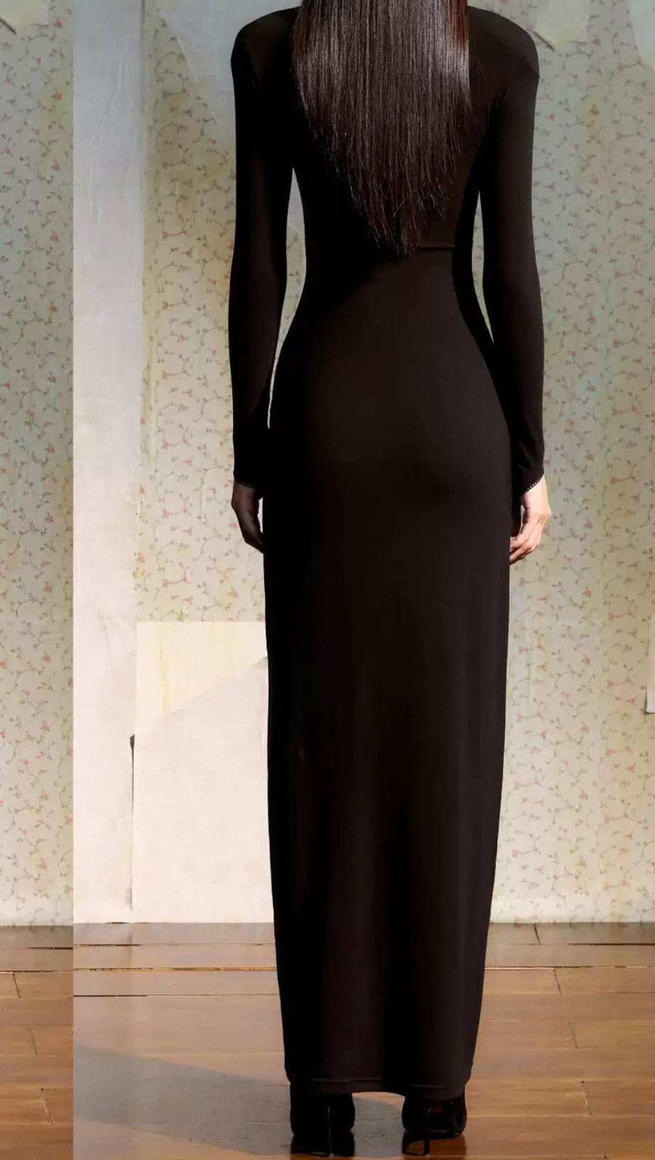Juanita Ethereal Black Long Sleeve Maxi Dress - Art Print Bodice