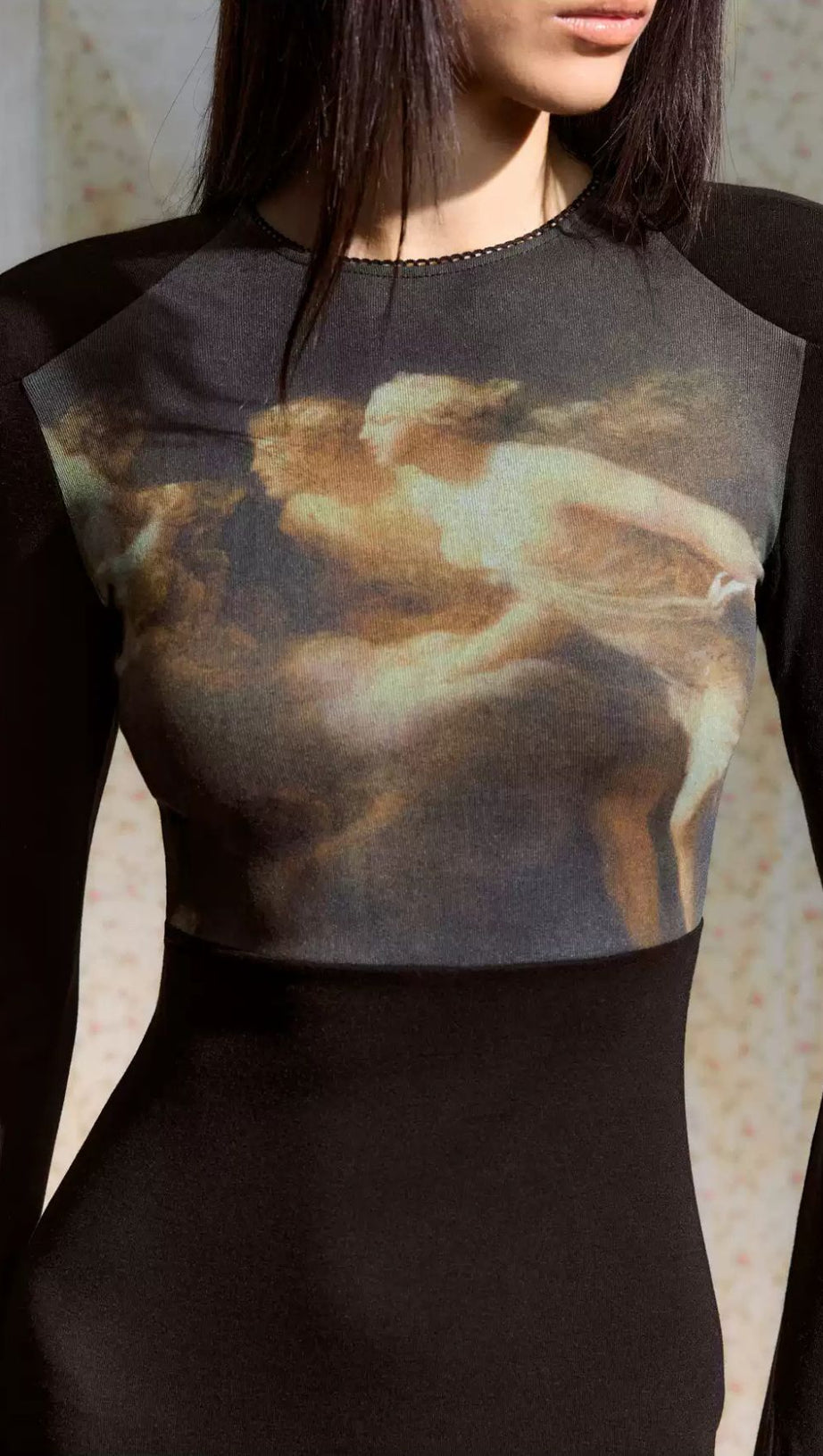 Juanita Ethereal Black Long Sleeve Maxi Dress - Art Print Bodice