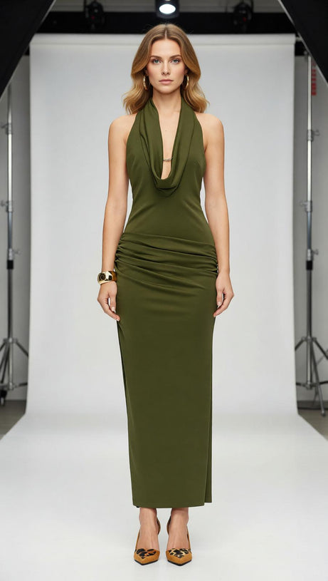 Juarez Green Halter Backless Maxi Dress - Elegant Evening Gown