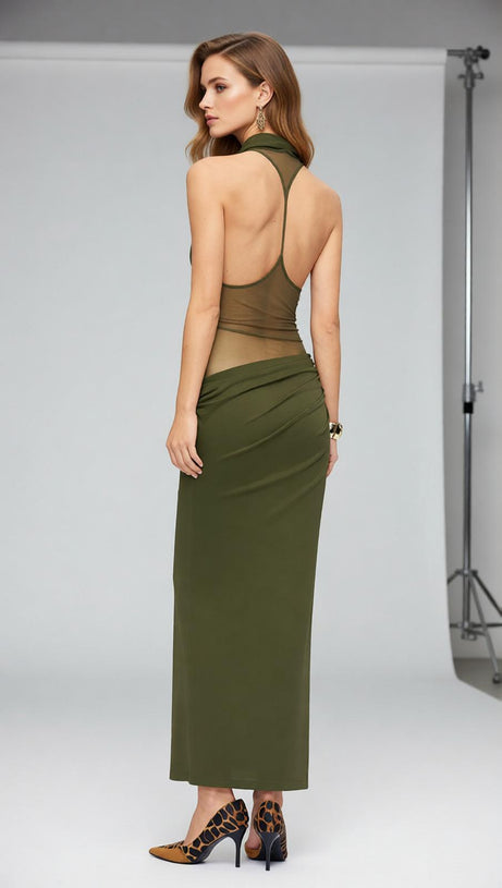 Juarez Green Halter Backless Maxi Dress - Elegant Evening Gown