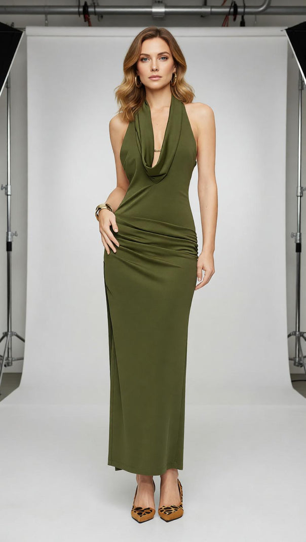 AIIZIE Juarez Green Halter Backless Maxi Dress - Elegant Evening Gown - product image