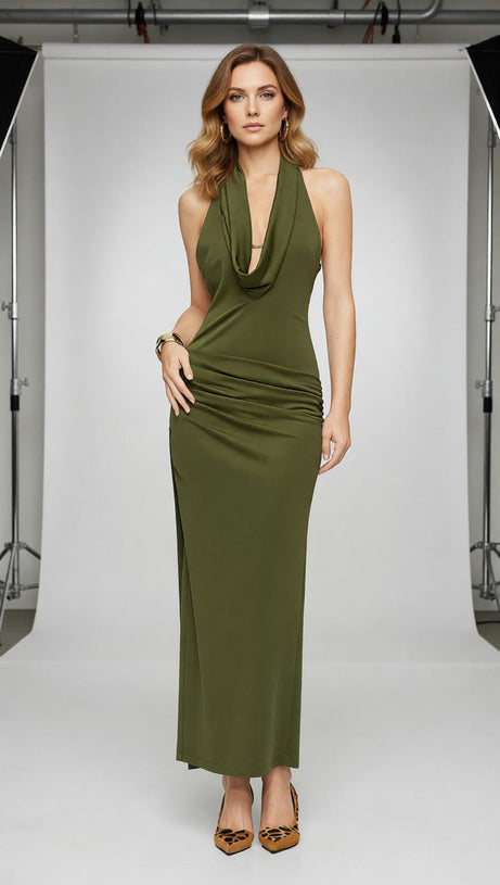 Juarez Green Halter Backless Maxi Dress - Elegant Evening Gown