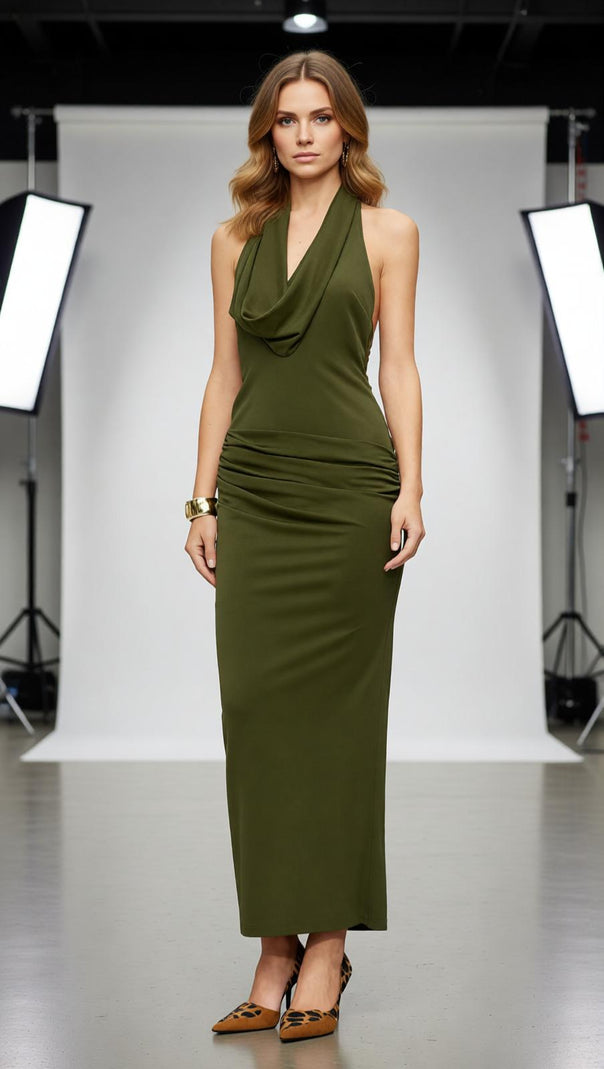 AIIZIE Juarez Green Halter Backless Maxi Dress - Elegant Evening Gown - product image