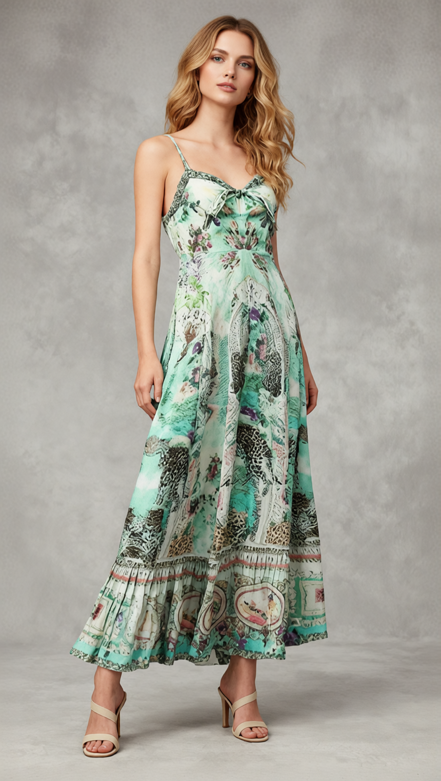 Juda Bohemian Print Flowy Maxi Dress - Strappy Green Elegance