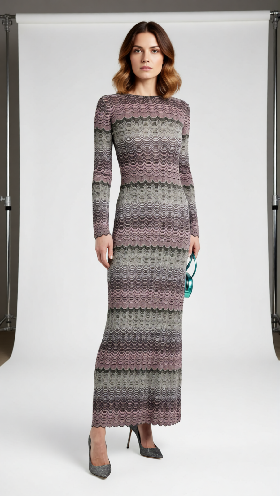 Judith Cutout Shimmer Zigzag Knit Maxi Dress