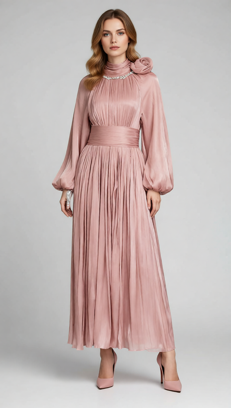 Juhani Rose Pleated Satin Maxi Dress - Elegant Long Sleeve Gown