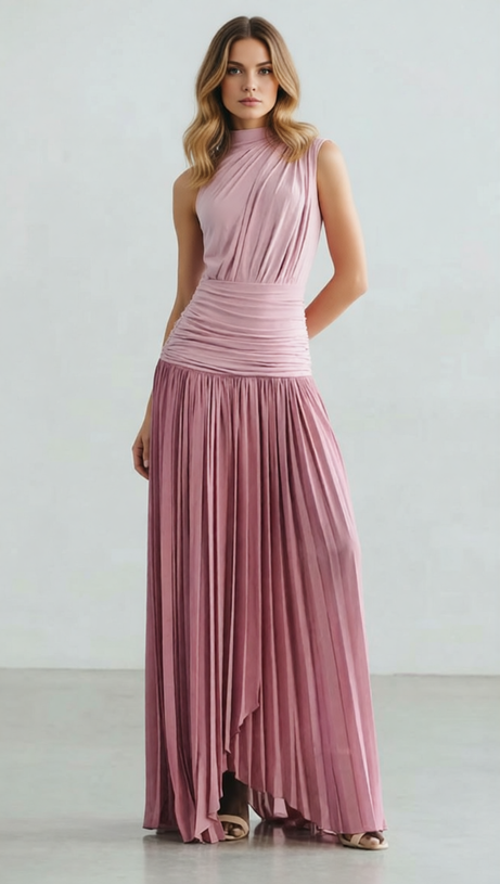 Juliana Draped & Pleated Maxi Dress - Elegant Rose Pink Sleeveless Gown