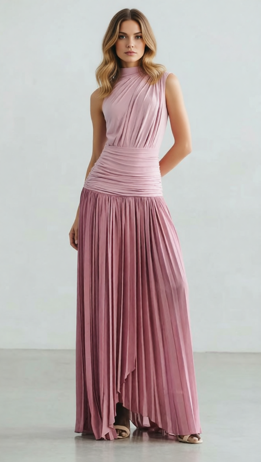 Juliana Draped & Pleated Maxi Dress - Elegant Rose Pink Sleeveless Gown