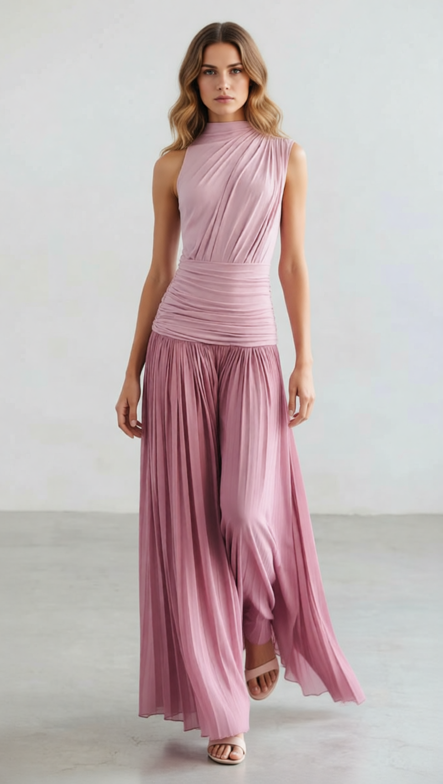 Juliana Draped & Pleated Maxi Dress - Elegant Rose Pink Sleeveless Gown