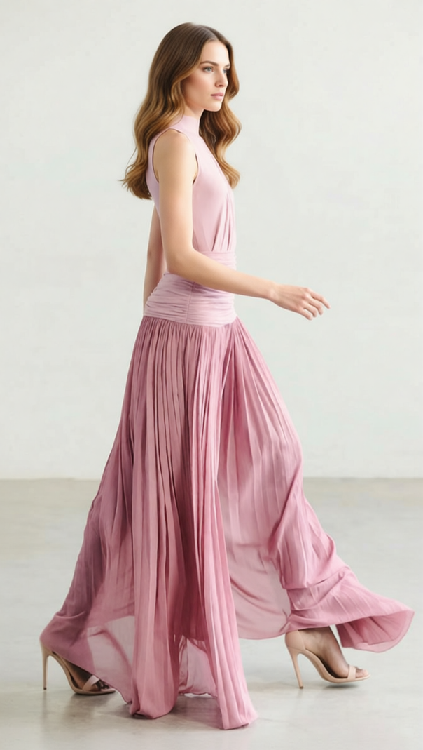 AIIZIE Juliana Draped & Pleated Maxi Dress - Elegant Rose Pink Sleeveless Gown - product image