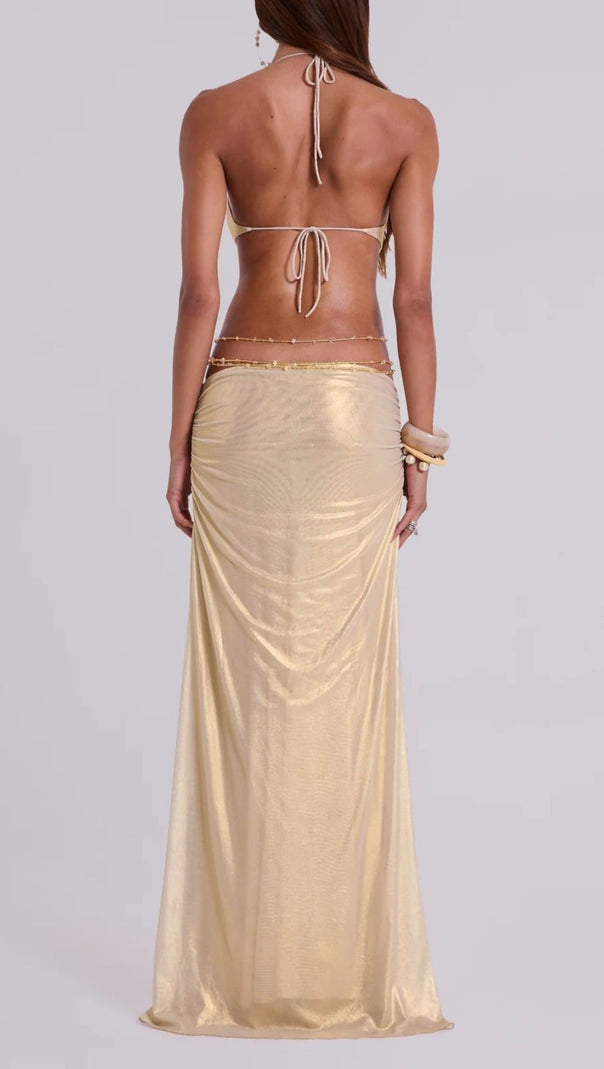 AIIZIE Julianna Gold Glamour: Halter Cutout Maxi Dress with Floral Embellishment - product image