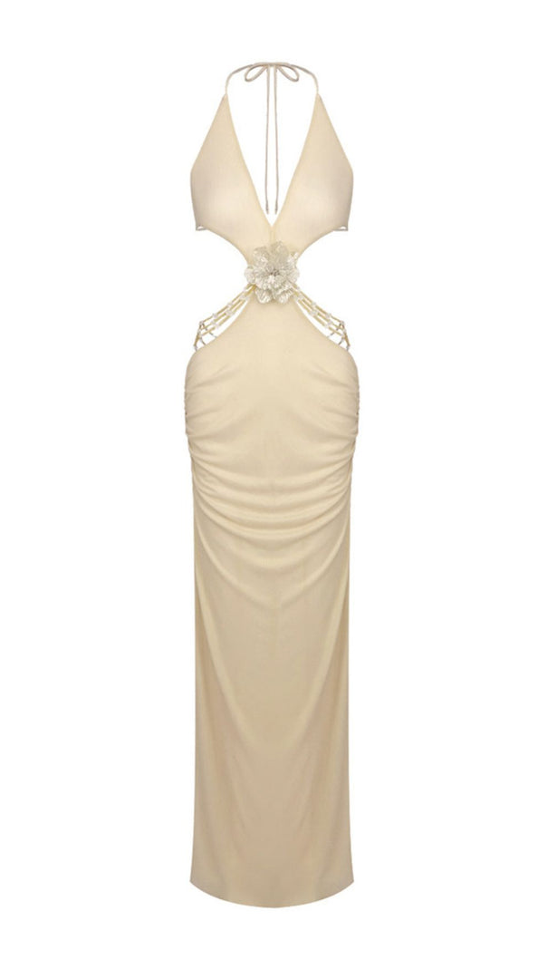 AIIZIE Julianna Gold Glamour: Halter Cutout Maxi Dress with Floral Embellishment - product image