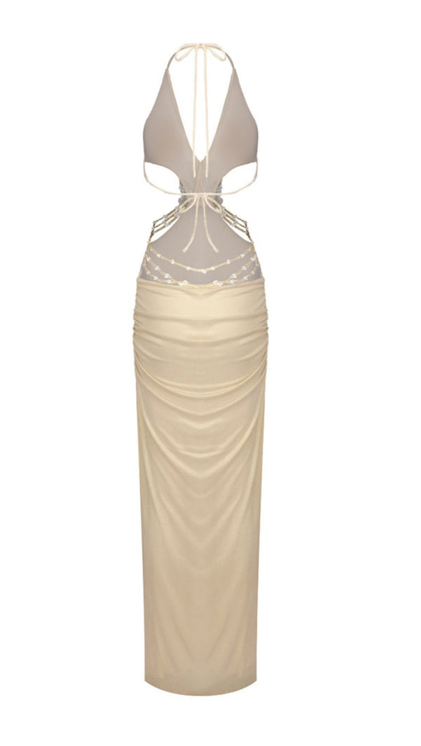 AIIZIE Julianna Gold Glamour: Halter Cutout Maxi Dress with Floral Embellishment - product image