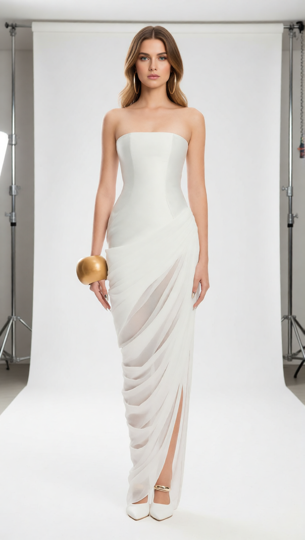 AIIZIE Julianne White Strapless Maxi Dress | Elegant Draped Goddess Gown - product image