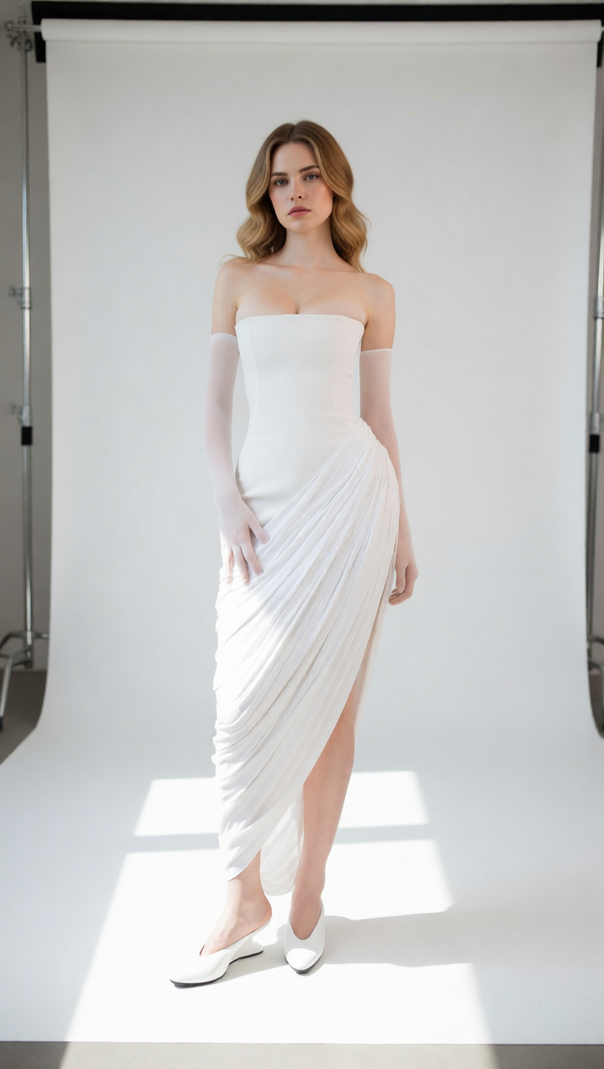 AIIZIE Julianne White Strapless Maxi Dress | Elegant Draped Goddess Gown - product image