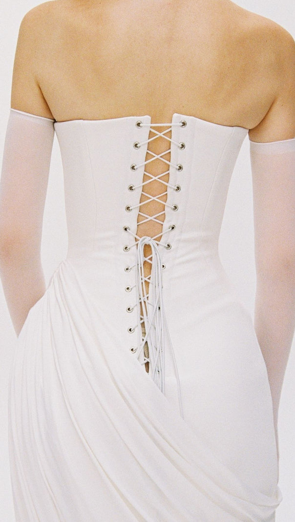 AIIZIE Julianne White Strapless Maxi Dress | Elegant Draped Goddess Gown - product image