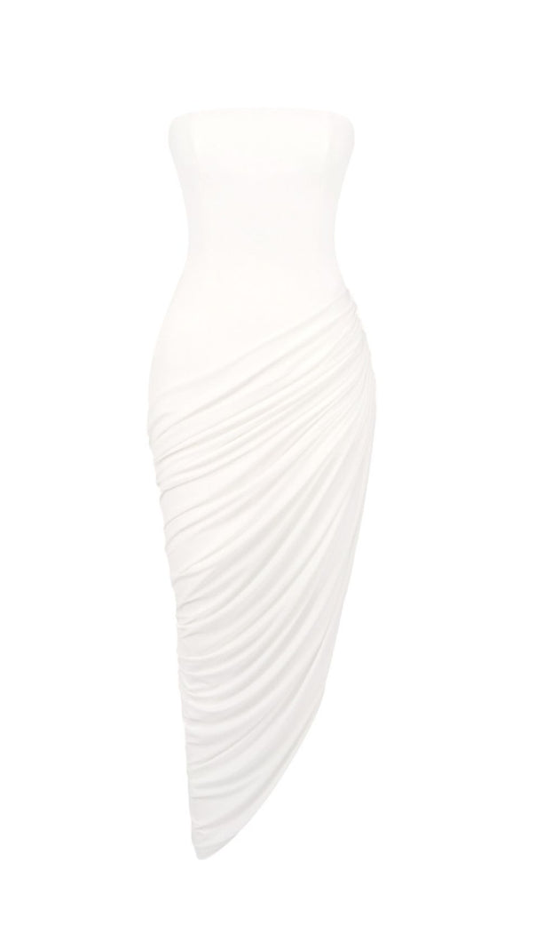 AIIZIE Julianne White Strapless Maxi Dress | Elegant Draped Goddess Gown - product image