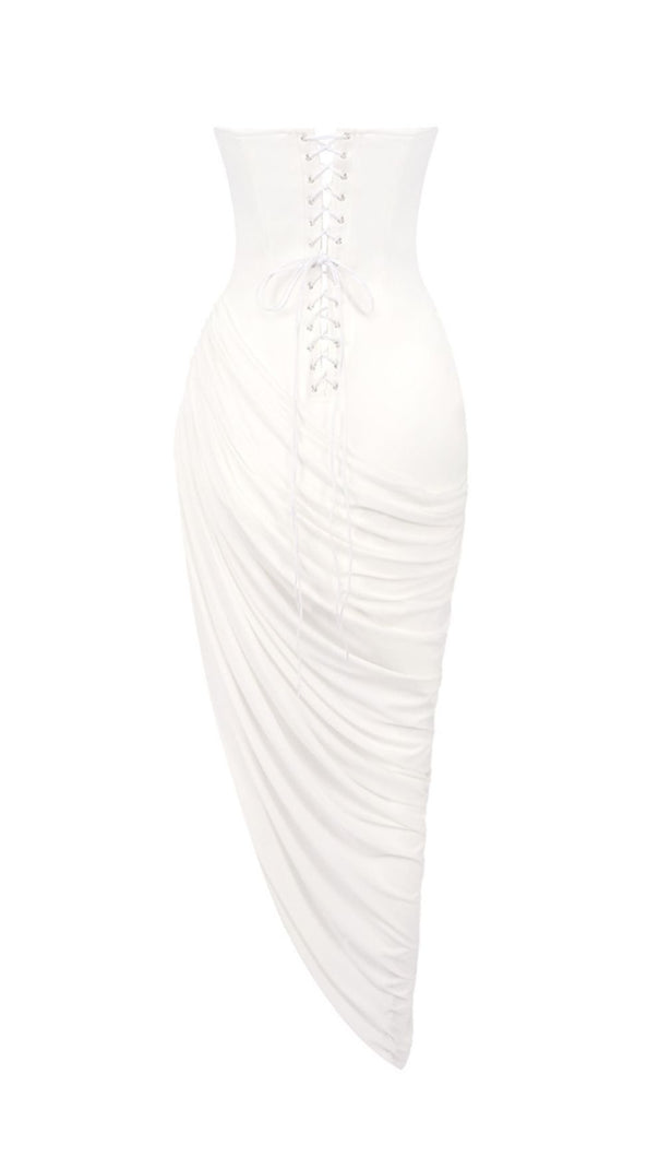 AIIZIE Julianne White Strapless Maxi Dress | Elegant Draped Goddess Gown - product image