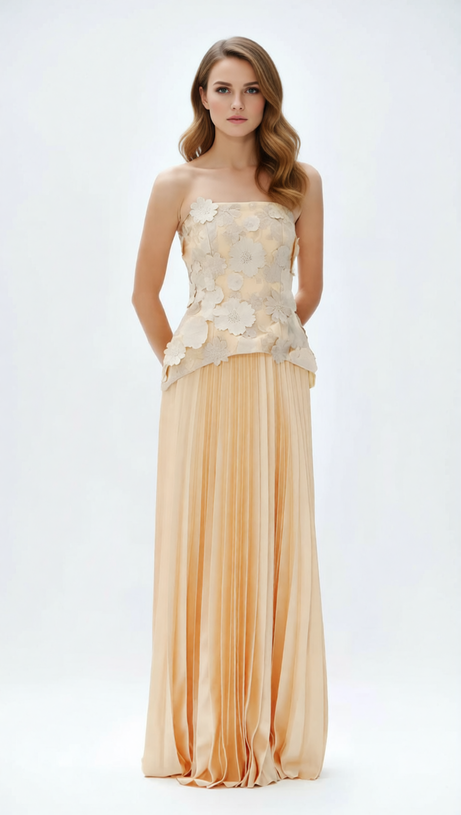 Julieta Elegant 3D Floral Peplum Top & Pleated Maxi Skirt Set