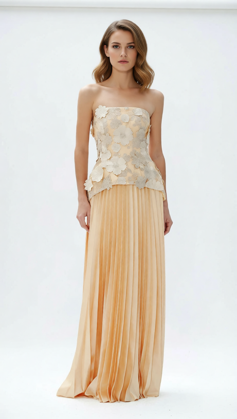 Julieta Elegant 3D Floral Peplum Top & Pleated Maxi Skirt Set