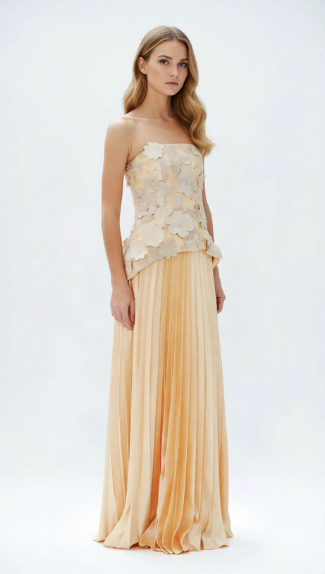Julieta Elegant 3D Floral Peplum Top & Pleated Maxi Skirt Set
