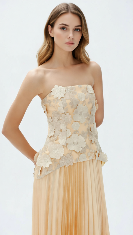 Julieta Elegant 3D Floral Peplum Top & Pleated Maxi Skirt Set