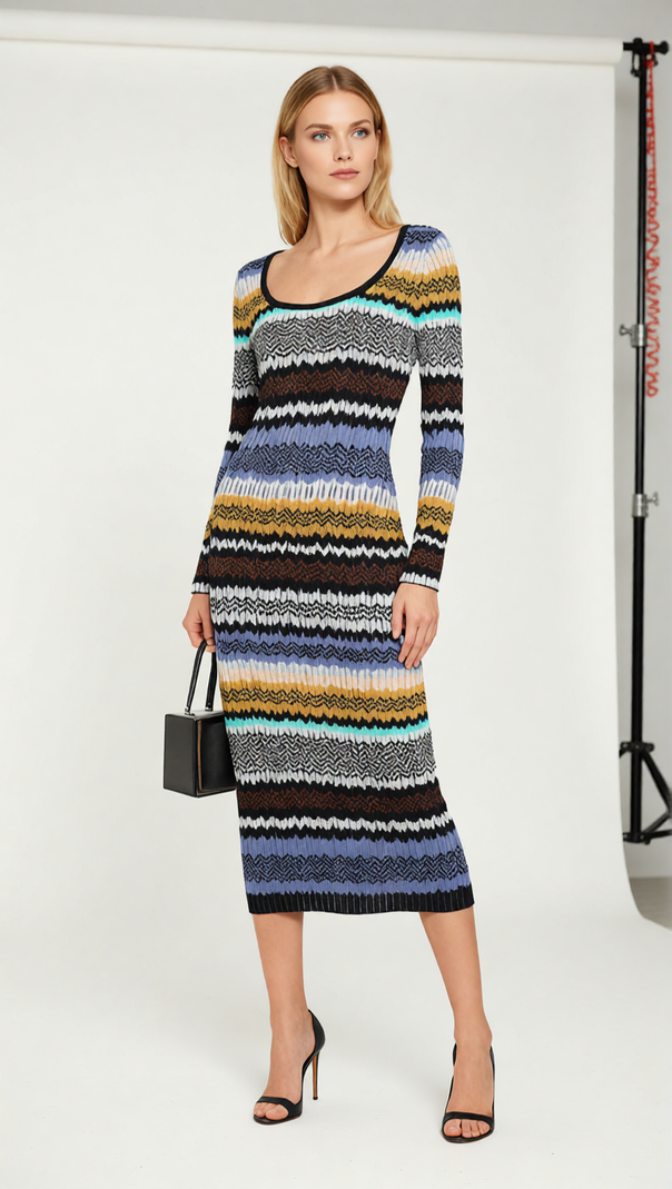 AIIZIE Juliette Vibrant Wavy Stripe Knit Long Sleeve Midi Dress - product image