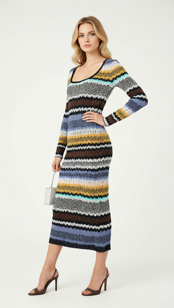 AIIZIE Juliette Vibrant Wavy Stripe Knit Long Sleeve Midi Dress - product image