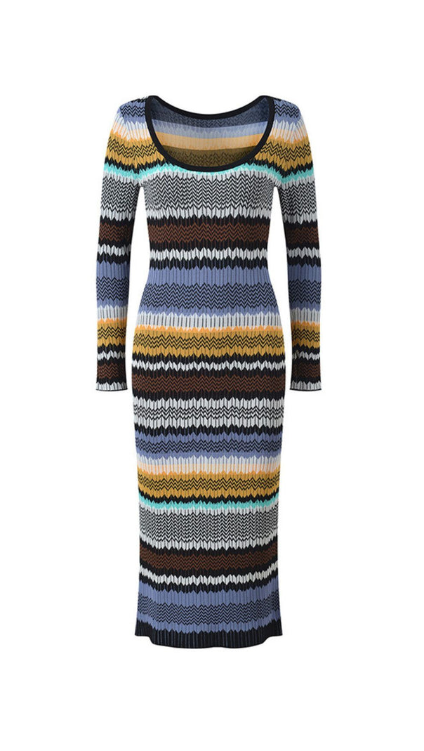 AIIZIE Juliette Vibrant Wavy Stripe Knit Long Sleeve Midi Dress - product image