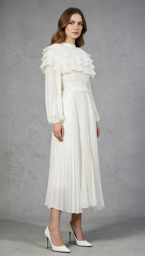 Julisa Ivory Ruffle Pleated Midi Dress - Elegant Long Sleeve for Women