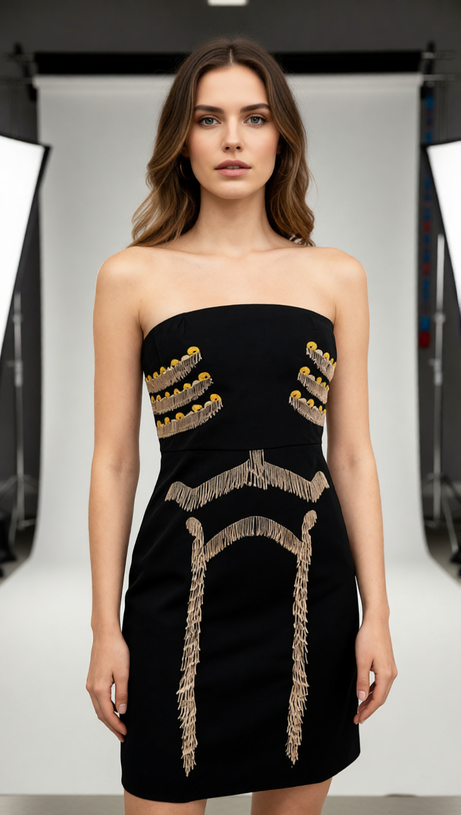 Julissa Black Strapless Tassel Mini Dress | Chic Fringe Bodycon Party Style