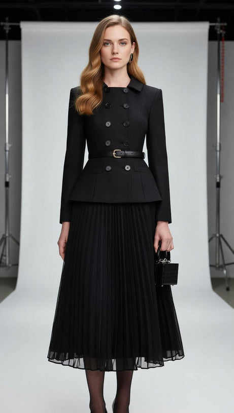 Julitta Black Peplum Power Midi Dress - Long Sleeve & Pleated Skirt AIIZIE Julitta Black Peplum Power Midi Dress - Long Sleeve & Pleated Skirt AIIZIE
