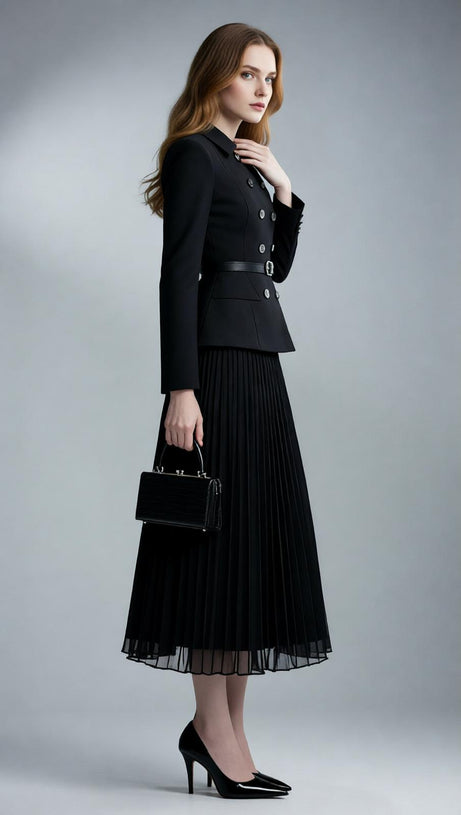 Julitta Black Peplum Power Midi Dress - Long Sleeve & Pleated Skirt