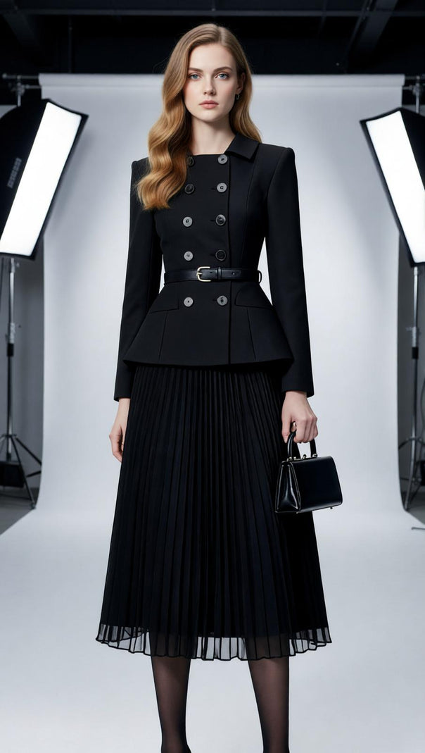 AIIZIE Julitta Black Peplum Power Midi Dress - Long Sleeve & Pleated Skirt - product image