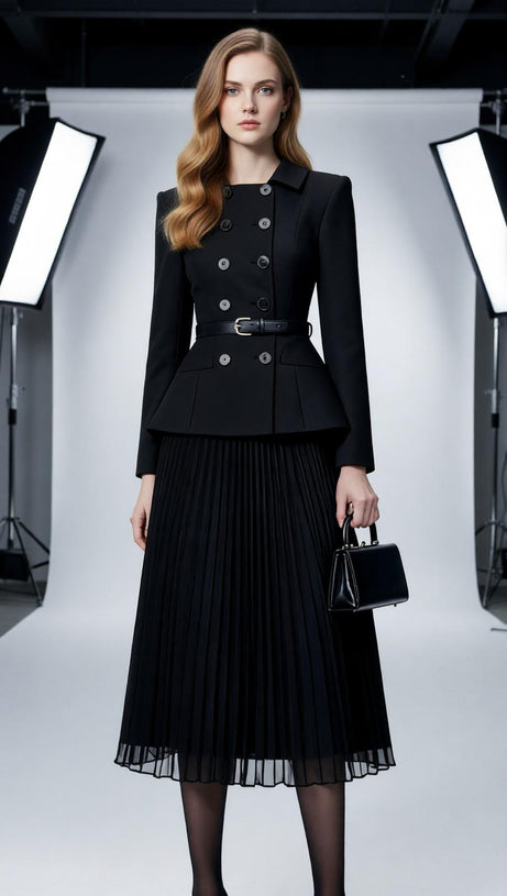 Julitta Black Peplum Power Midi Dress - Long Sleeve & Pleated Skirt