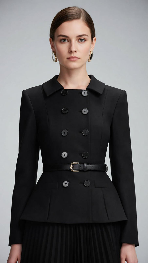 AIIZIE Julitta Black Peplum Power Midi Dress - Long Sleeve & Pleated Skirt - product image