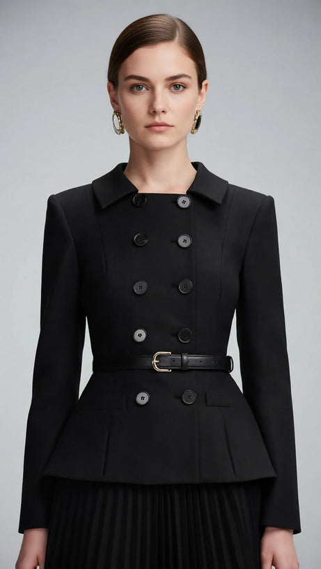 Julitta Black Peplum Power Midi Dress - Long Sleeve & Pleated Skirt