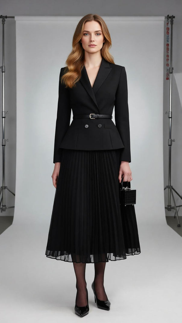 AIIZIE Julitta Black Peplum Power Midi Dress - Long Sleeve & Pleated Skirt - product image