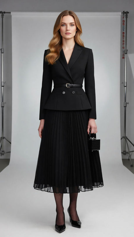 Julitta Black Peplum Power Midi Dress - Long Sleeve & Pleated Skirt