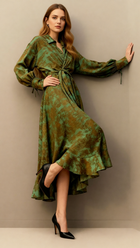 Jung Artistic Print Tie-Waist Long Sleeve Midi Dress