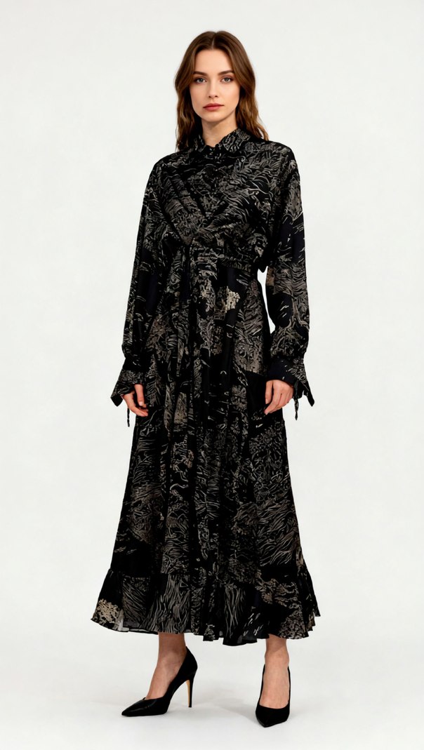 AIIZIE Jung Artistic Print Tie-Waist Long Sleeve Midi Dress - product image