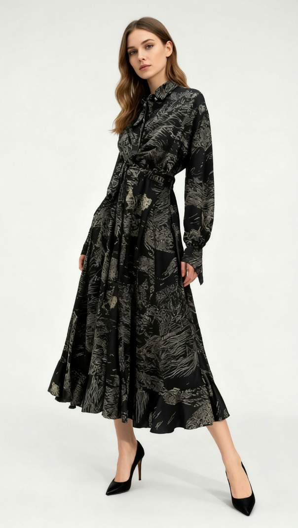 AIIZIE Jung Artistic Print Tie-Waist Long Sleeve Midi Dress - product image