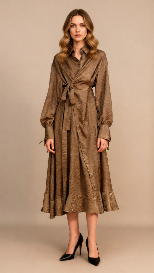 AIIZIE Jung Artistic Print Tie-Waist Long Sleeve Midi Dress - product image