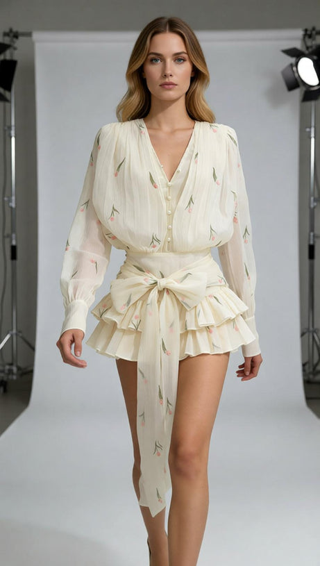 Junius Dreamy Floral Ruffled Long Sleeve Mini Dress