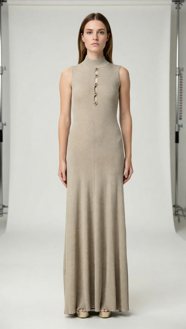 Juno Shimmer Ribbed Knit Maxi Dress | Mock Neck | Gold Buttons