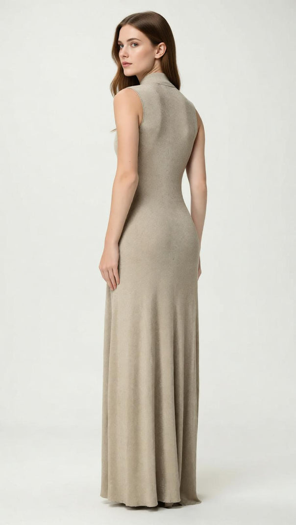 Juno Shimmer Ribbed Knit Maxi Dress | Mock Neck | Gold Buttons