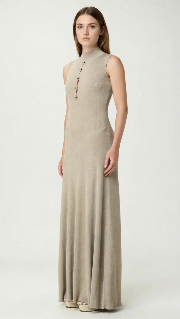 Juno Shimmer Ribbed Knit Maxi Dress | Mock Neck | Gold Buttons