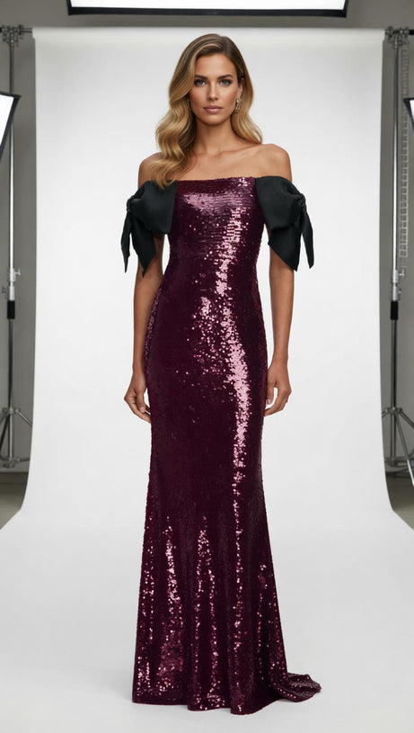 Jurek Sequin Off-Shoulder Bow Maxi Gown - Glamorous Formal Dress