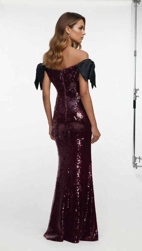 Jurek Sequin Off-Shoulder Bow Maxi Gown - Glamorous Formal Dress